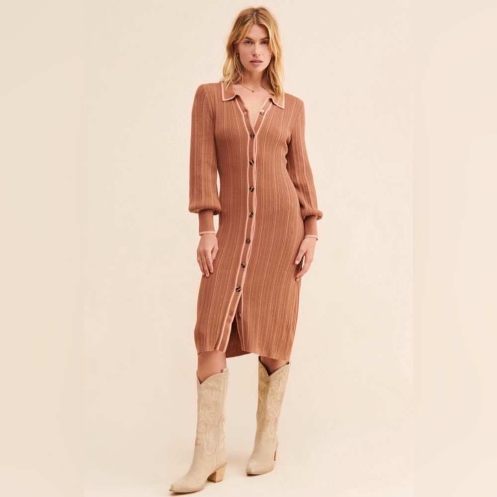 SANCIA Amalie Knit Dress Brown Tan button-Up Dress women’s size small
